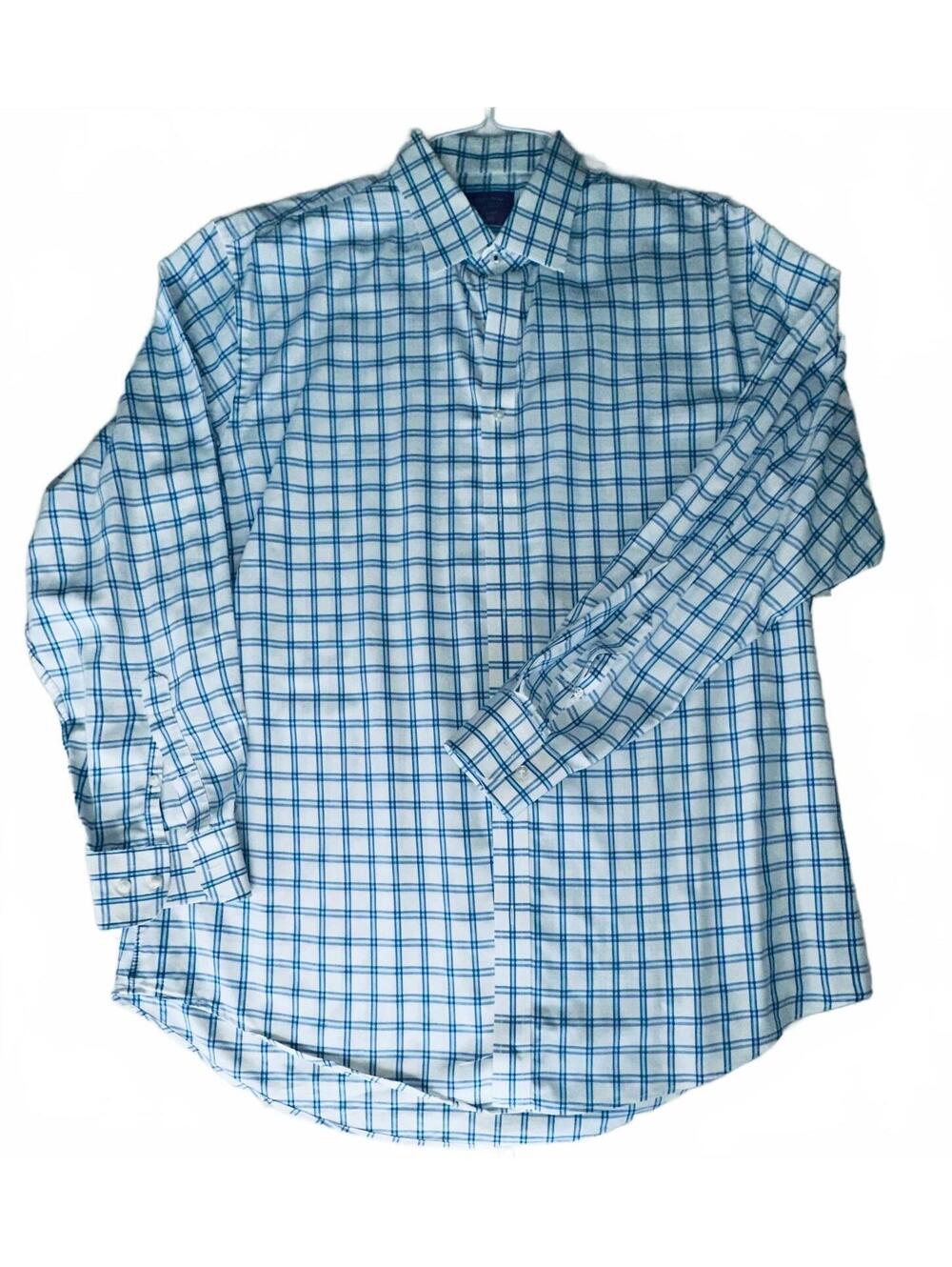 Nordstrom Men’s Shop Tech-Smart Dress Shirt 17 34-35 Blue White Plaid Stretch